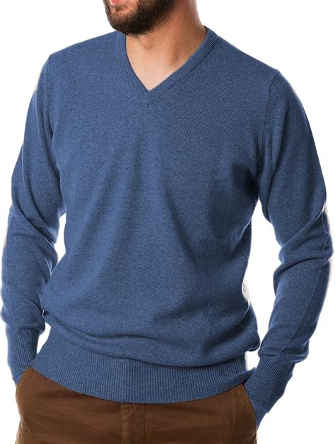 Hawick Knitwear Mens V Neck Plain Cashmere Jumper Soft Denim Xl