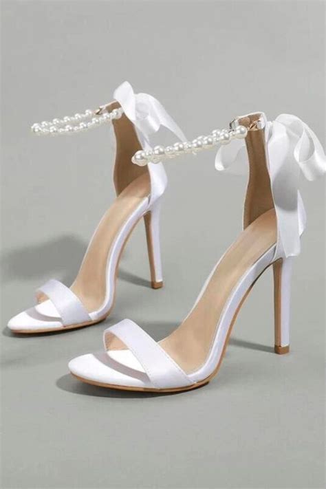 Satin Faux Pearls Bow Decor Ankle Strap Sandals Wedding Shoes Heels