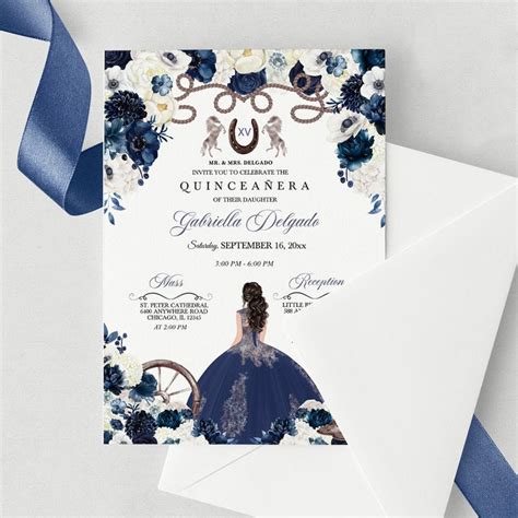 EDITABLE Invitation Navy Blue Western Cowboy Boots Quinceanera Fiesta