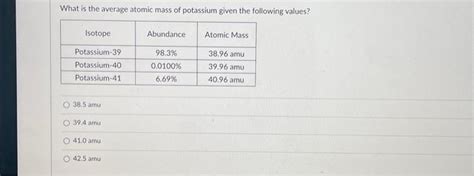 Solved What Is The Average Atomic Mass Of Potassium Given Chegg