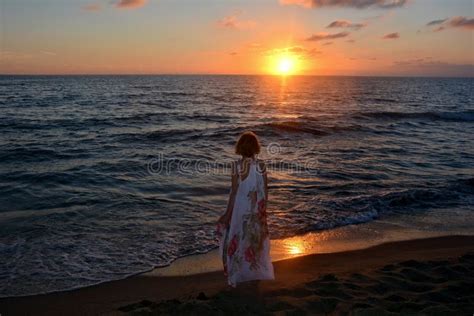 Girl In Dress Stands By The Beach At The Sundown Stock Image Image Of Dress Beach 81056149