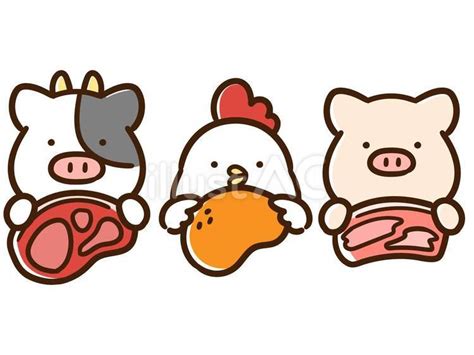 それぞれ肉を持つかわいい牛、豚、鶏セットイラスト No 23263747｜無料イラスト・フリー素材なら「イラストac」