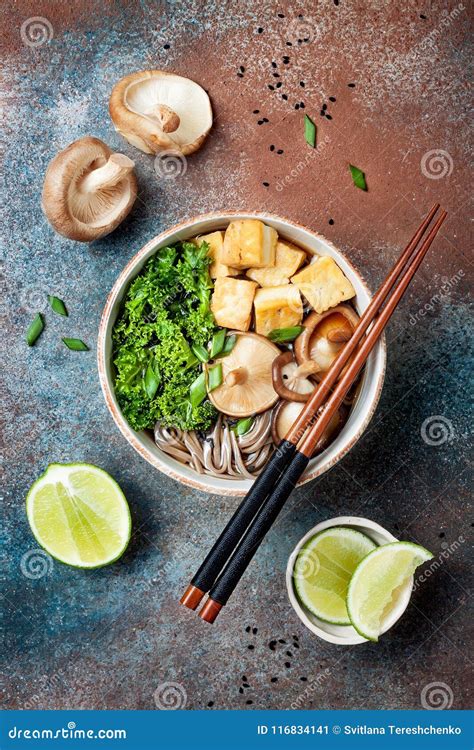 Miso And Soba Noodles Soup With Kale Shiitake Mushrooms Roasted Tofu