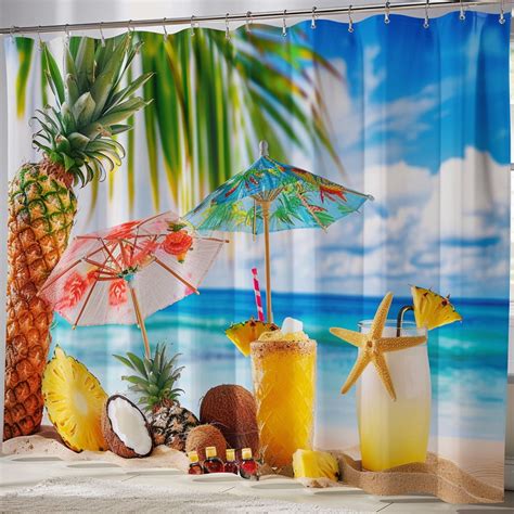 Tropical Paradise Shower Curtain Vibrant Beach Scene With Palm Trees