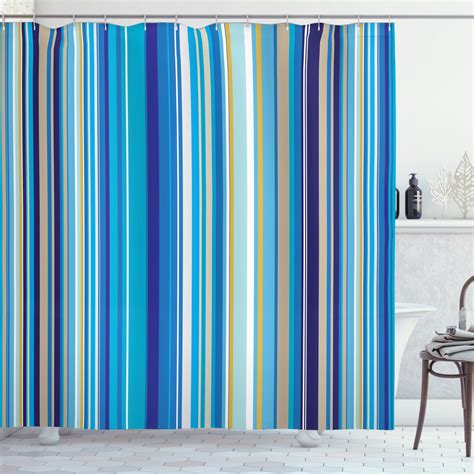 Blue Shower Curtain Vertical Stripes Repeating Retro Revival Pattern