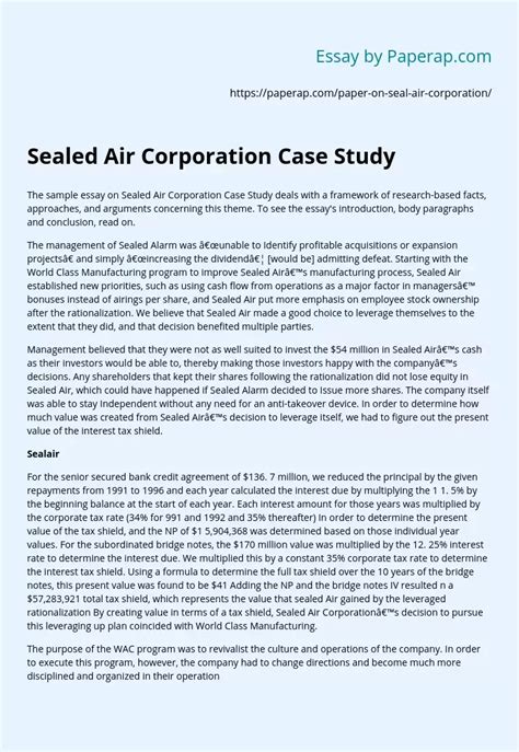 Sealed Air Corporation Case Study Free Essay Example