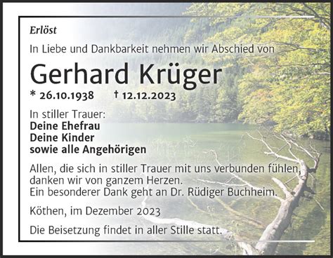 Traueranzeigen von Gerhard Krüger abschied nehmen de