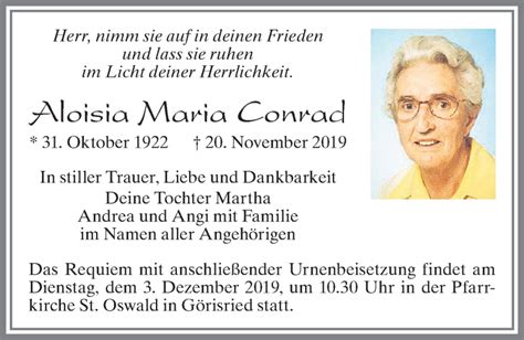 Traueranzeigen Von Aloisia Maria Conrad Allg Uer Zeitung