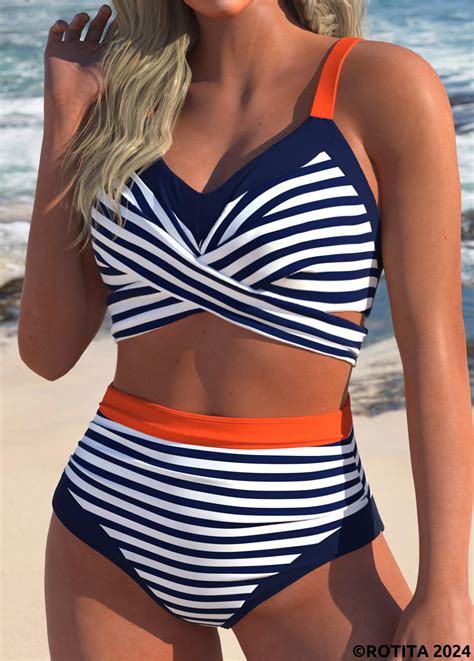 Rotita Surplice High Waisted Navy Striped Bikini Set Rotita Usd