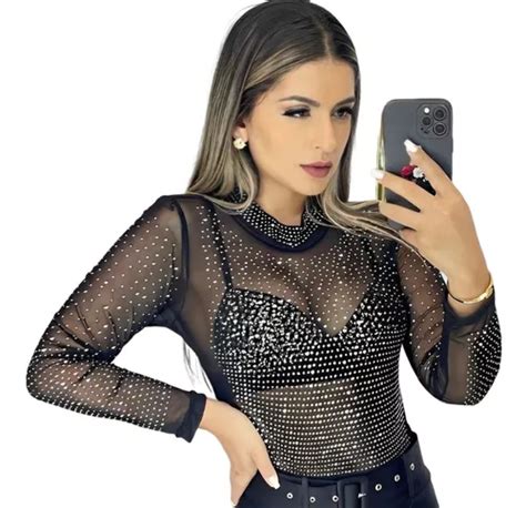 Body Feminino Tule Aplicações Strass Bory Glamour Brilho Frete grátis