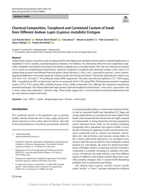 Chemical Composition Tocopherol And Carotenoid Content Of Seeds From