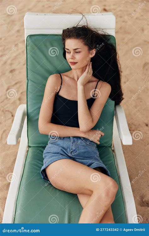 Woman Lying Sand Blue Lifestyle Beach Smiling Ocean Sunbed Sea Resort