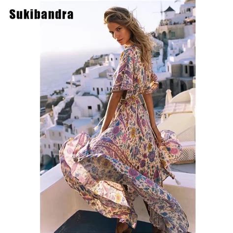 Sukibandra Nowy Summer Floral V Neck Krótki Rękaw Sukienka Boho Hippie