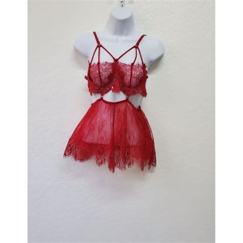 Unknown Intimates Sleepwear Women Stretch Lace Babydoll Red Lace Sheer Most Sexy Lingerie