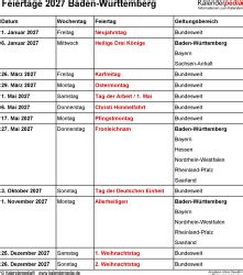 Feiertage Baden Württemberg 2027 Kalenderpedia