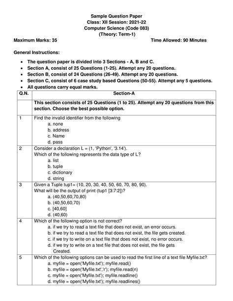 Cbse Class Th Computer Science Sample Question Paper