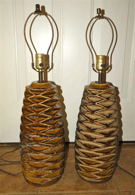 Two Rare 1960s Vintage Ceramic Drip Glaze Pine Cone Design Table Lamps Vintage Ceramic Cone