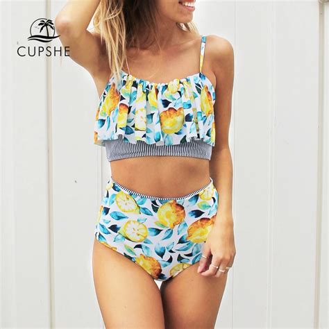 Cupshe Summer Lemon Print Falbala Bikini Set Women Ruffle High Waisted