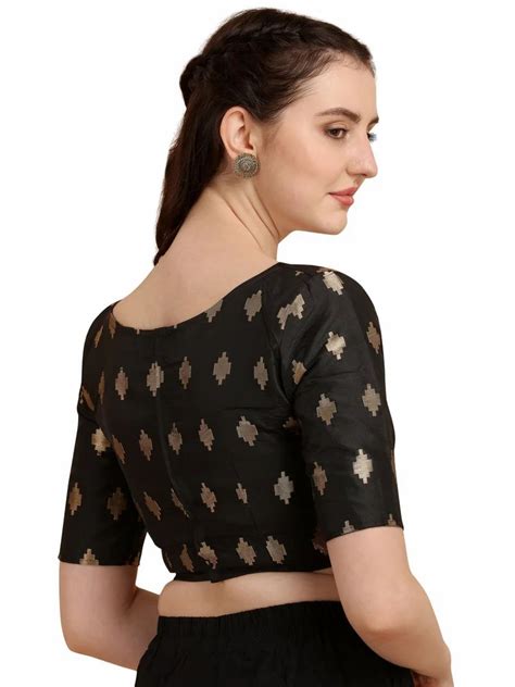 Black Base Hand Work Women Jacquard Black Boat Neck Readymade Blouse