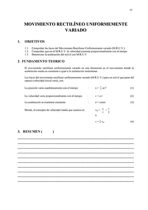 MRUV Informe de fisica MOVIMIENTO RECTILÍNEO UNIFORMEMENTE VARIADO