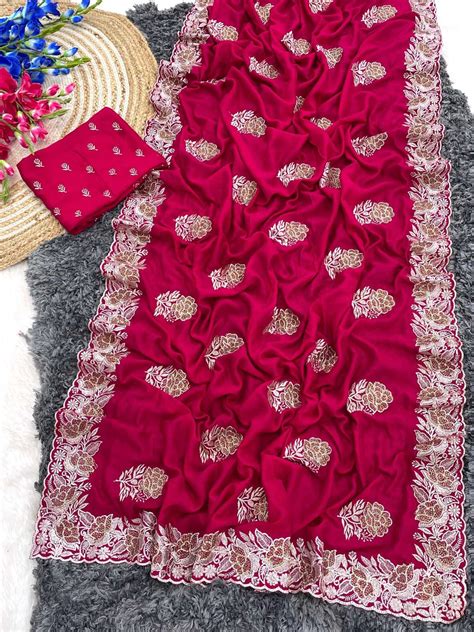 Blooming Vichitra Silk Zari With Stone Work Party Wear Saree Collection