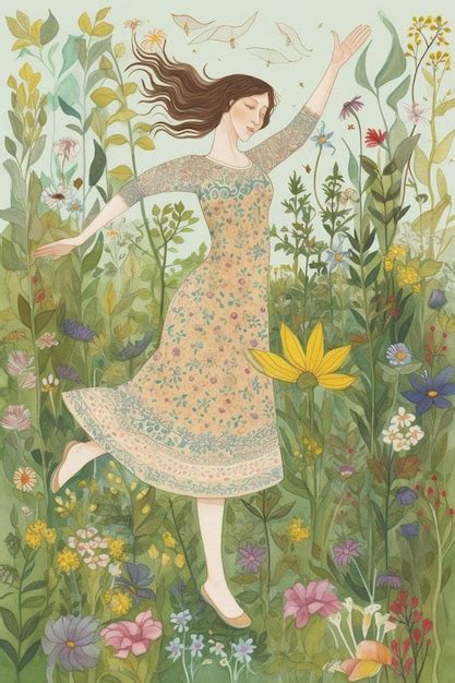 Premium AI Image | A painting of a woman dancing in a field of flowers.