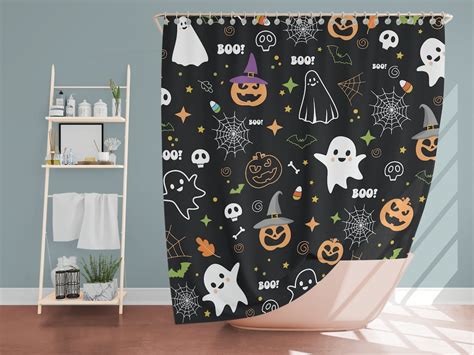 Halloween Shower Curtain Ghost And Pumpkin Bathroom Bohemian Decor