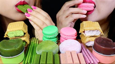 Asmr Green Tea Strawberry Ice Cream Mochi Kitkat Jelly Pocky Macaron 리얼사운드 먹방 Kimandliz