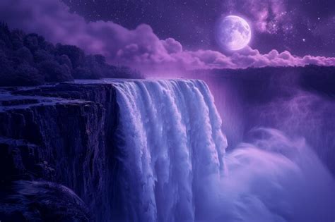 A Full Moon Rises Over A Waterfall Premium Ai Generated Image