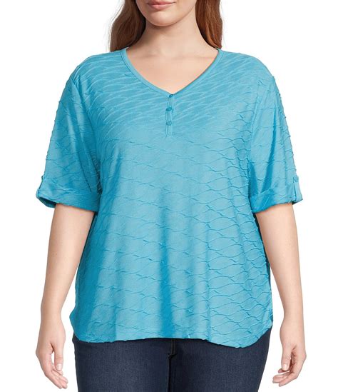 Leo And Nicole Plus Size Textured Woven V Neck Elbow Length Roll Tab Sleeve Top Dillards