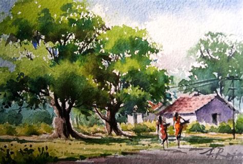 'Village side ' - watercolor | Watercolor landscape paintings ...