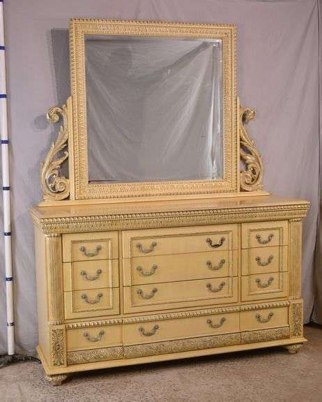 Pulaski Carved Yellow 12 Drawer Triple Dresser With Beveled Mirror 697