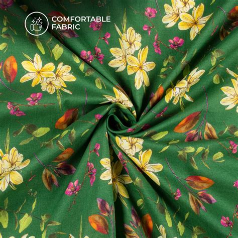 Emerald Green Floral Digital Print Cotton Cambric Fabric Fabcurate