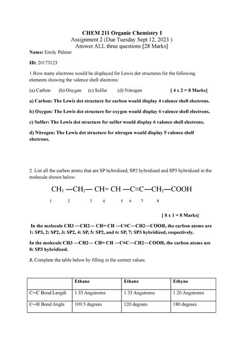 Chem 211 Organic Chemistry I Assignment 2 Fall 2023 Chem 211 Organic Chemistry I Assignment 2