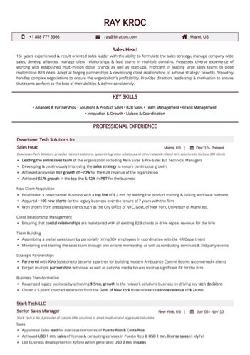 Sales Head Resume Sample By Hiration