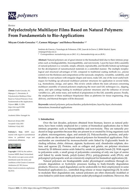 Pdf Polyelectrolyte Multilayer Films Based On Natural Polymers From Fundamentals To Bio