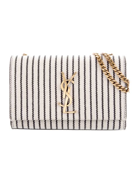 Saint Laurent Small Striped Canvas Monogram Kate Chain Bag Neutrals