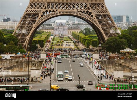 Paris France July 24 2017 Eiffel Tower Close Up Of A Road With Cars