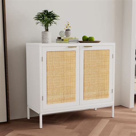 Anmytek Rattan Cabinet White Sideboard Buffet With Storage Spacious Storage Cabinet With 2