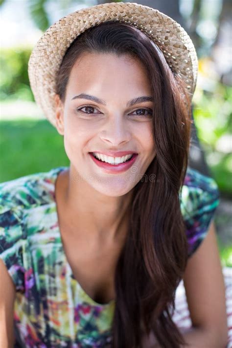 Smiling Beautiful Brunette Lying On The Blanket Stock Image Image Of