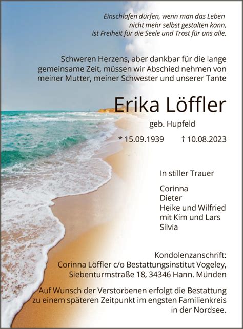 Traueranzeigen von Erika Löffler Trauer HNA de