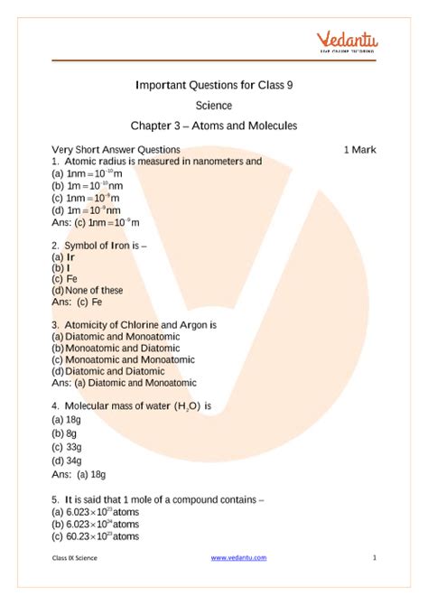 Important Questions For Cbse Class 9 Science Atoms And Molecules