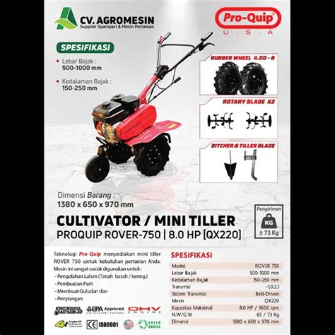 Jual Cultivator Mesin Traktor Bajak Sawah Tiller Proquip Rover