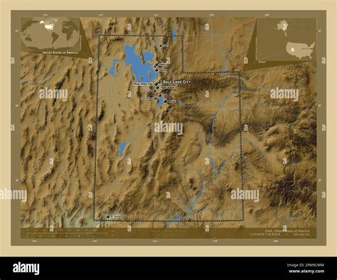 Utah, state of United States of America. Colored elevation map with lakes and rivers. Locations ...