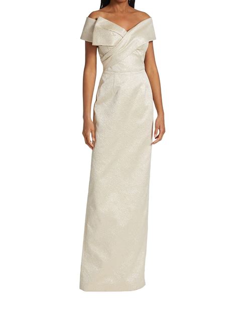 Teri Jon By Rickie Freeman Metallic Jacquard Off The Shoulder Gown