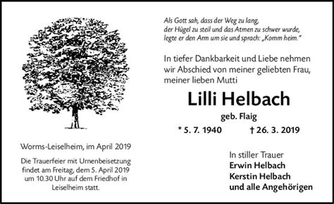 Traueranzeigen Von Lilli Helbach Vrm Trauer De