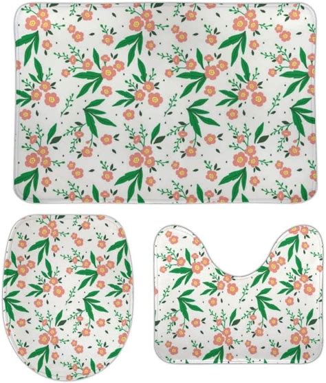 Wellsay Non Slip 3 Piece Bathroom Rug Set Small Flowers And Leaves Soft