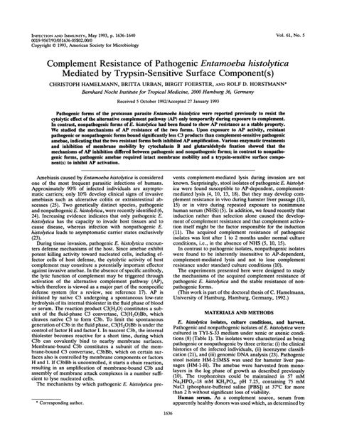 Pdf Complement Resistance Of Pathogenic Entamoeba Histolytica Mediated By Trypsin Sensitive