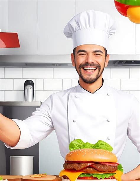 Premium Ai Image Portrait Of Happy Male Chef Preparing Burger In