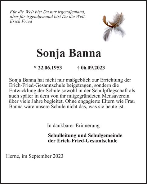 Traueranzeigen Von Sonja Banna Trauer In Nrw De